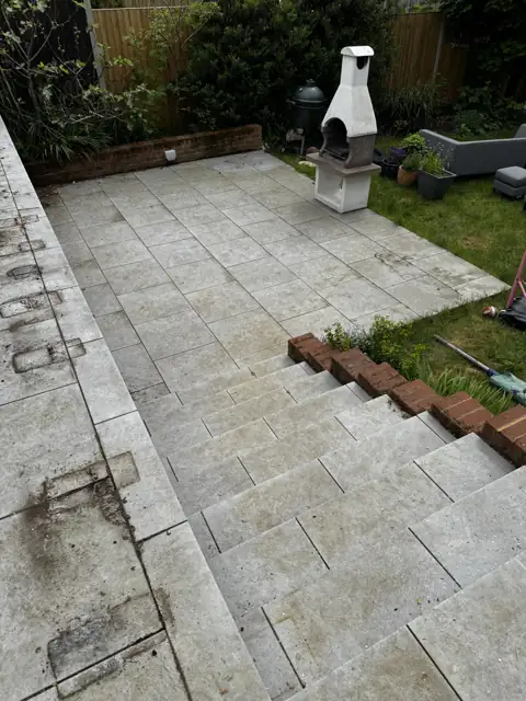 Porcelain patio clean in Harpenden, before cleaning by Renaco